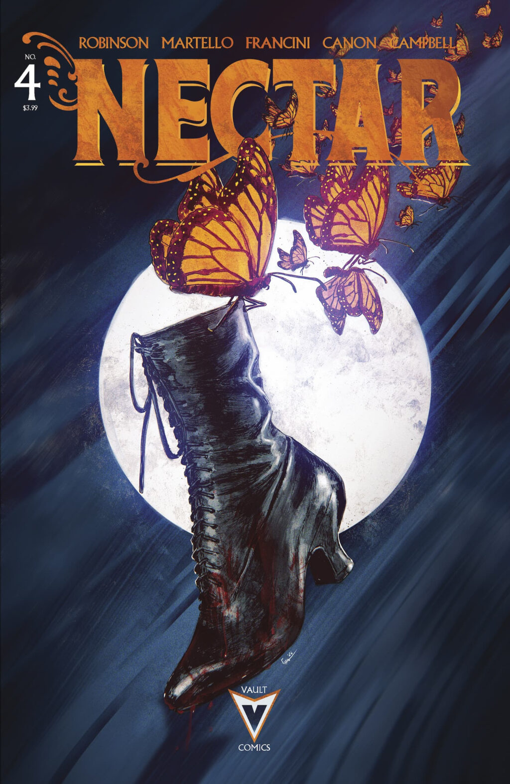 Nectar #4 cover featuring orange butterflies circling a black boot against a moonlit blue background.