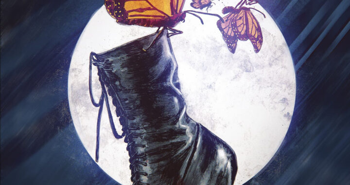 Nectar #4 cover featuring orange butterflies circling a black boot against a moonlit blue background.