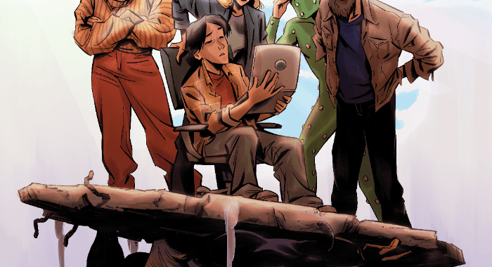 Cover art for Superior Marketing Issue #1 featuring the marketing team gathered around a laptop above a shadowy superhero figure.