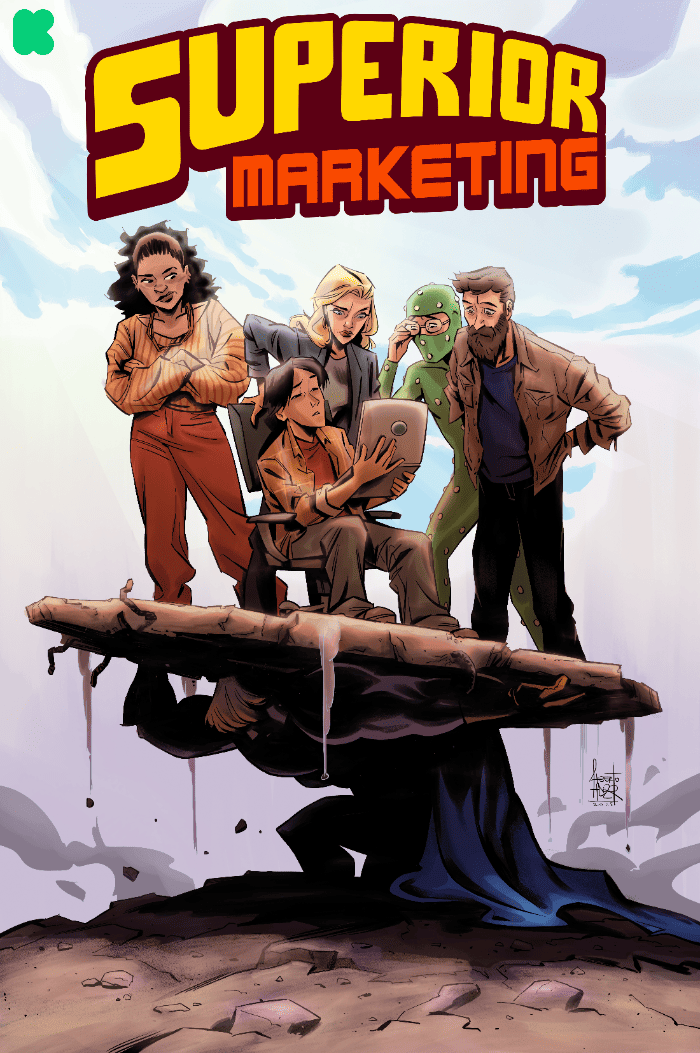Cover art for Superior Marketing Issue #1 featuring the marketing team gathered around a laptop above a shadowy superhero figure.