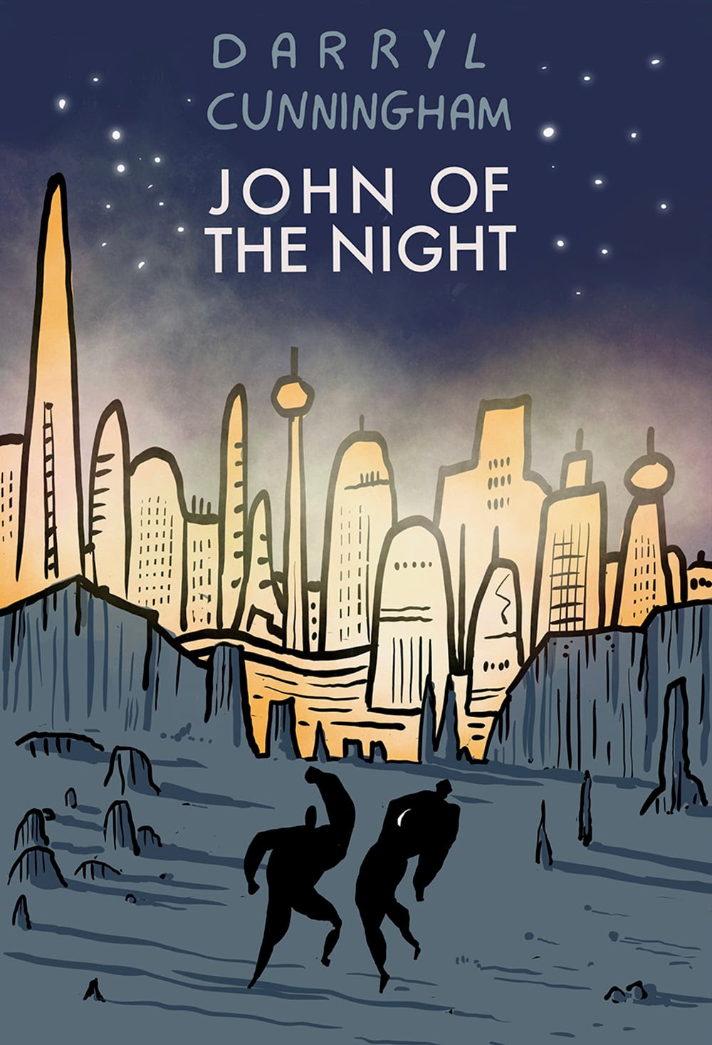 Cover art for John of the Night by Darryl Cunningham from Avery Hill Publishing featuring a cosmic cityscape and shadowy figures under a starry sky.