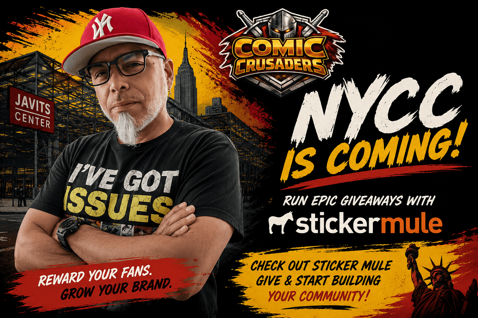 Al Mega promotes Sticker Mule Give for NYCC 2026 creators using swag and giveaways to build fan engagement