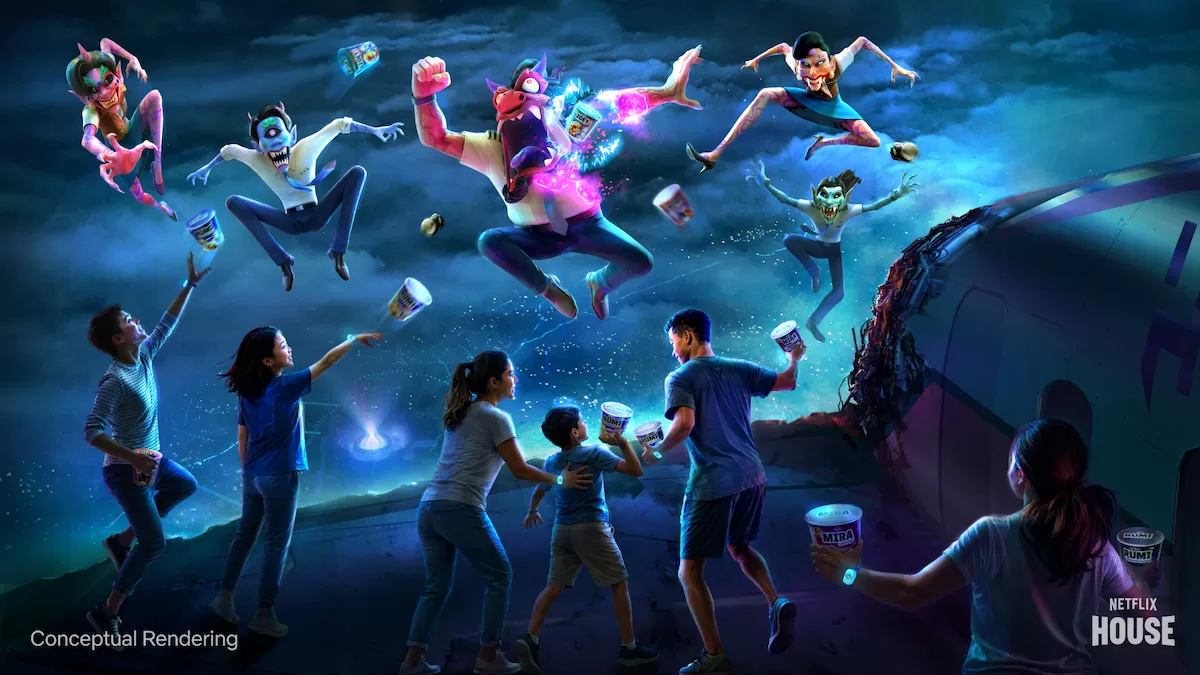 Conceptual rendering of a demon battle inside the KPop Demon Hunters immersive experience