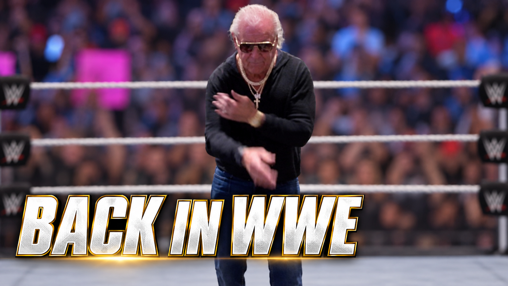 Ric Flair in a blurred WWE arena with Back in WWE headline