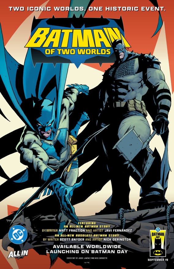 Batman of Two Worlds cover art for Batman Day 2026 featuring Batman and Absolute Batman