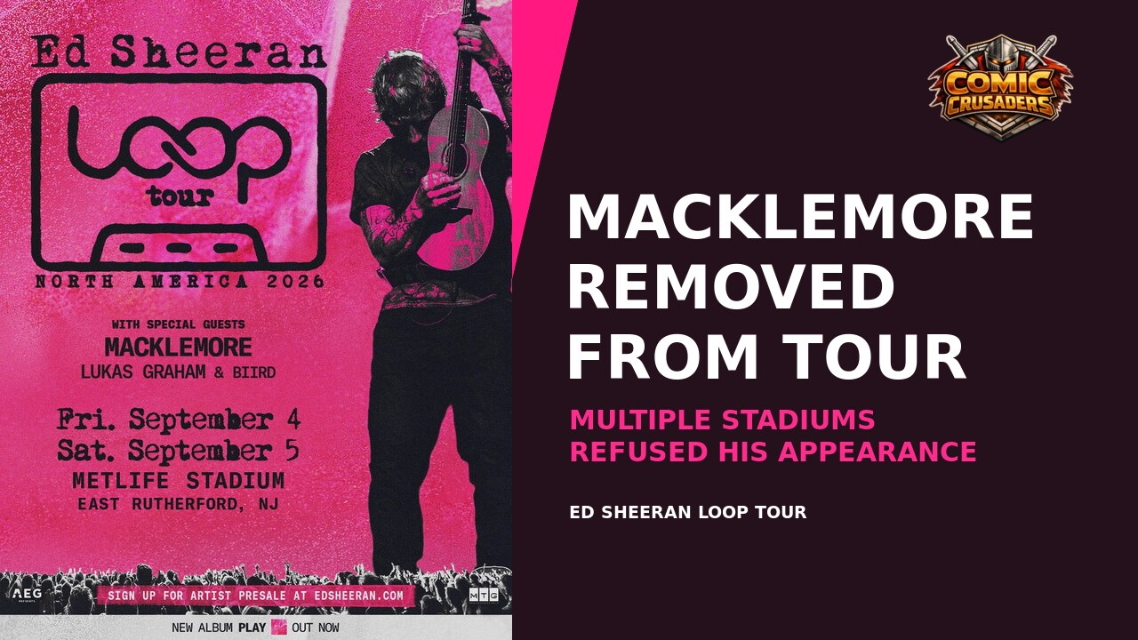 Macklemore and Ed Sheeran Loop Tour MetLife Stadium poster with headline Macklemore Removed From Tour