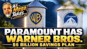 Warner Bros. and Paramount water towers with Al Mega Takes branding and the headline Paramount Has Warner Bros.