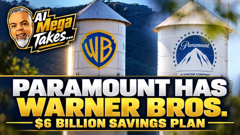 Warner Bros. and Paramount water towers with Al Mega Takes branding and the headline Paramount Has Warner Bros.